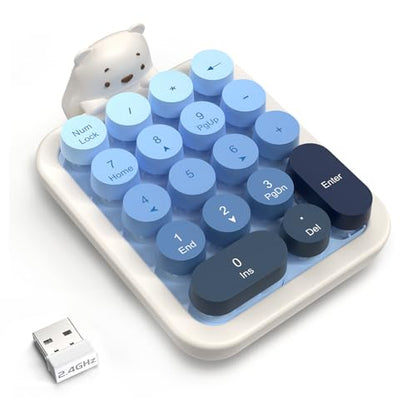 Ajazz AF18 Wireless Numeric Keypad, 2.4G USB Wireless Connection, Ergonomic 18-Key Compact Silicone Bear Design, Gradient Keycaps, Detachable & Portable Number Pad for PC, Laptop Blue - color: Blue