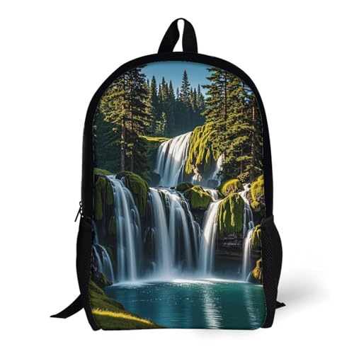 17-Inch Laptop Backpack Water-Resistant Green Pine Waterfall Daypack with Shoulder Strap Lightweight Casual Rucksack for Travel Commuter Hiking Outdoor Activities 20l Black