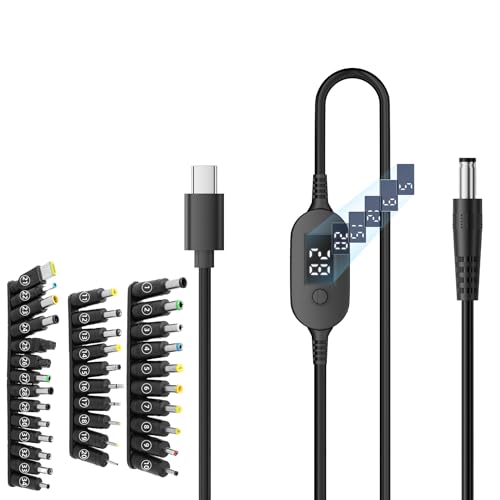 100W PD Power Charger USB-C to DC Adjustable PD Cable with Digital Display, 40 Inches, Black, Multiple Voltage Settings, Male to Male DC 5V 9V 12V 15V 20V Adapter Cable (Default +34-in-1 DC Tip) - style: Default +34-in-1 DC Tip