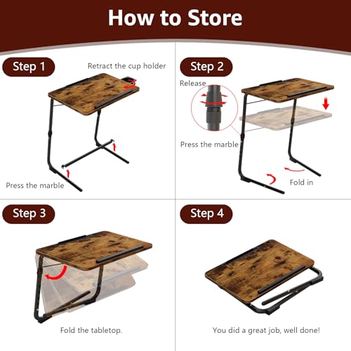 Folding TV Tray Adjustable Dinner - Trays for Eating On Couch Wooden Tables Mate Stand Foldable Desk with Cup Holder Portable - color: Rustic