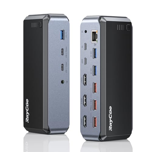 Raycue Triple Monitor USB C Docking Station - MacBook Pro Docking Station with Power Adapter for MacBook M1/M2/M3/Windows, HDMI*3, RJ45, 10Gbps USB*5, PD, USB 3.0 * 2