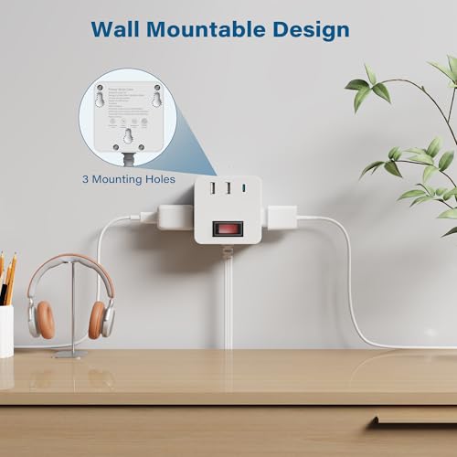 Outdoor Power Strip Cube 10 Ft, IPX4 Waterproof 3 AC Outlet Widely Spaced with 2 USB-A & 1 USB-C PD 20W Charging Station, Low Profile 45 Degree Flat Plug Extension Cord Wall Mountable, ETL-White - size: 10FT
