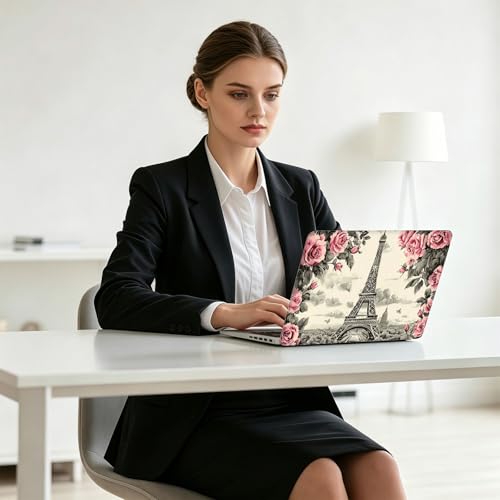 Universal Laptop Skin Decal, 3-Piece Vinyl Protector for 12 13 14 15.6" Notebook, Waterproof Anti-Scratch, Easy Trim & Bubble-Free Finish, Eiffel Tower Surrounded by Pink Rose - color: Eiffel Tower Surrounded by Pink Rose