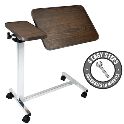 Vaunn Medical Adjustable Tilt Overbed Bedside Table with Wheels for Hospital and Home Use