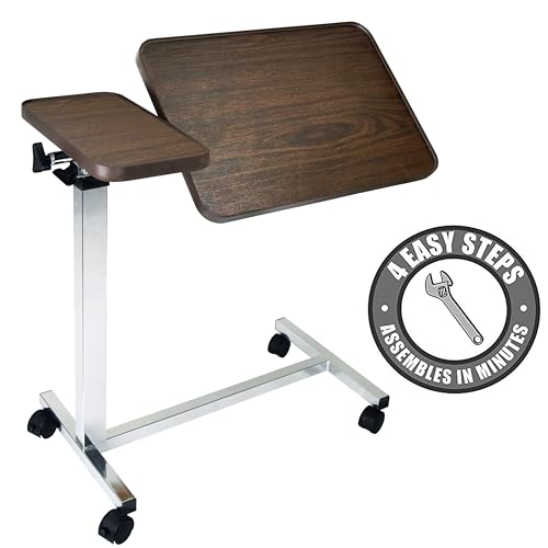 Vaunn Medical Adjustable Tilt Overbed Bedside Table with Wheels for Hospital and Home Use