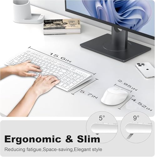 Rechargeable Wireless Keyboard and Mouse, with Number Pad White | Quiet Silent, Slim Thin Flat Low Profile Soft Key, USB C, with Skin Cover, Ergonomic Mouse, for Mac Windows PC, Home Office - color: White