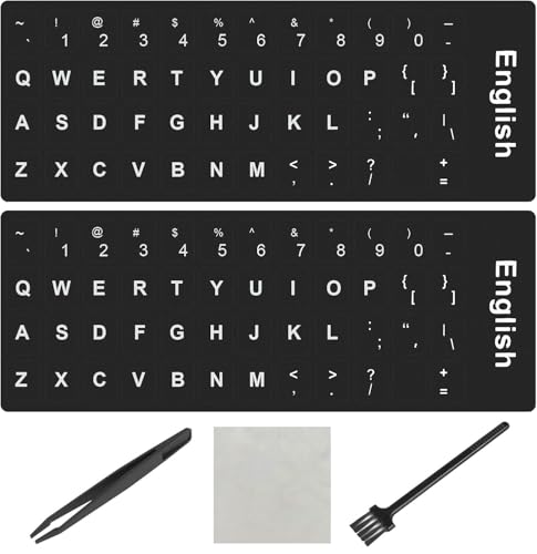 2PCS English Keyboard Stickers, Universal Replacement English Keyboard Letter Stickers with Tweezer, Keyboards Alphabet Sticker Black Background White Lettering for Laptop Notebook PC Computer Desktop