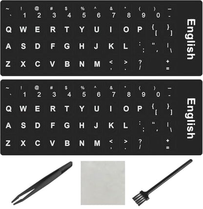 2PCS English Keyboard Stickers, Universal Replacement English Keyboard Letter Stickers with Tweezer, Keyboards Alphabet Sticker Black Background White Lettering for Laptop Notebook PC Computer Desktop