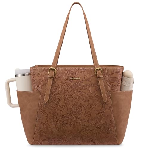 LOVEVOOK Laptop Tote Bag for Women,Leather Work Computer Briefcase Bag | Large Cup Holder,15.6 Inch Work Tote,Professional Briefcase,Teacher Commuter Shoulder Bag,Office,Travel,Gift - color: Brown Embossed, size: 15.6 Inch