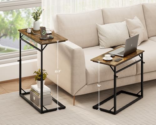 C Shaped End Table with Charging Station, Large C-Table End Table Adjustable Height Side Table for Couch, Couch Table Slide Under Sofa Table TV Tray Table for Sofa, Living Room, Bedroom,Brown - color: Rustic Brown, style: With Plug