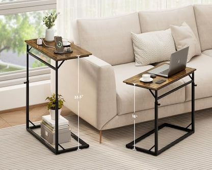 C Shaped End Table with Charging Station, Large C-Table End Table Adjustable Height Side Table for Couch, Couch Table Slide Under Sofa Table TV Tray Table for Sofa, Living Room, Bedroom,Brown - color: Rustic Brown, style: With Plug