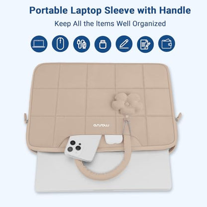 MOSISO Laptop Case 13.3 inch,13-13.3 inch Puffy Laptop Sleeve Compatible with MacBook Neo 13/Air 13 13.6/Pro/Pro 14,HP Dell ASUS Lenovo,Rectangle Quilted Bag with Handle&Flower Pendant, Brown - color: Brown, size: 13.3 inch