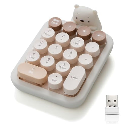 Wireless Number Keypad with Cute Silicone Bear, 18 Colorful Round Keys Numpad, 2.4G USB Wireless Connection, Portable Financial Accounting Numeric Keyboard, Suitable for PC, Laptop (MilkTea) - color: MilkTea