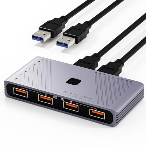 USB 3.0 Switch, 2 Computers Sharing 4 USB Devices, One-Button Switcher | For Keyboard Mouse Printer Scanner, USB Peripheral Sharing Hub for PC Laptop with 2 USB 3.0 Cables, Aluminum Alloy Case - style: For 2 PCs