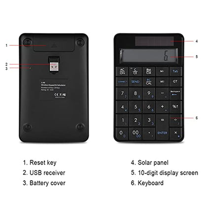 2.4G USB Numeric Keypad, 2 in 1 Mini Portable Numpad with LCD Display and USB Receiver and Calculator Function, Support Solar Power and 2 AAA Batteries