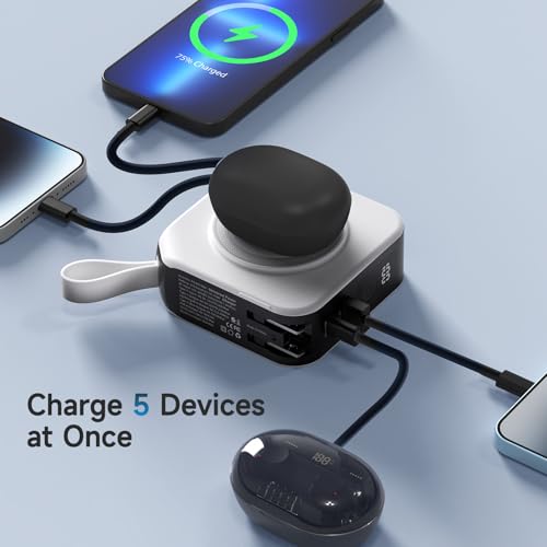 Powerpack Universal 5 in 1 Travel Power Bank - for Magsafe Battery Pack,10000mAh Power Bank with Built in Cable - Wireless Portable Charger for iPhone 15/15 Pro/ProMax, iPhone 14/13/12 Series - color: White