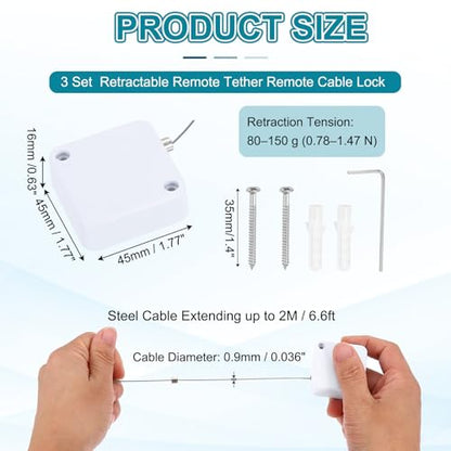PATIKIL Retractable Remote Control Cable Tether (6.6ft /2M, White)(3 Set) Remote Control Security Lanyard Lock Adjustable Locking Leash with Round Iron Cap and Screws, Suit for - Tablets - color: White, size: 6.6 ft