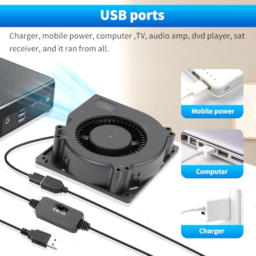 Wathai 120mm x 32mm USB Brushless Centrifugal Blower Fan 5V Speed Control | 1232 1200mm usb Blower with Speed Control for Receiver DVR Xbox Modem AV Cabinet Efficient Cooling - size: 120mm