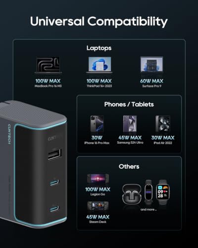 CUKTECH 100W GaN USB C Fast Charger, 3-Port Wall Charger, Compact Fast Charging Block, Foldable Power Adapter for MacBook Pro/Air, iPhone 17/16/15, Galaxy S24, Pixel, Steam Deck, with 240W Cable - color: Black