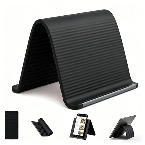 Flexible Silicone Phone Stand with Aluminum Strip, Foldable Adjustable Anti-Slip Holder, Multi-Angle Desktop Stand for Phones/Tablets, Portable Rollable Desk Accessory for Home，Office，Travel (Black) - color: Black