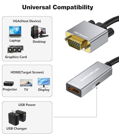 VGA to HDMI Adapter, Uni-Directional 1080P@60Hz | VGA (Source) to HDMI (Display) Converter Compatible with Computer, Laptop, Graphics Card, Monitor, Projector - color: Gray