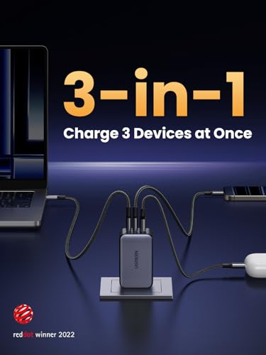 UGREEN Nexode 65W GaN USB C Wall Charger, 3-Port Compact Foldable Fast Charger Power Adapter for iPhone 17/16/15 Series, Galaxy S25/S24, Pixel 10/9, MacBook Pro/Air, Dell XPS, iPad Pro (Black) - color: Black