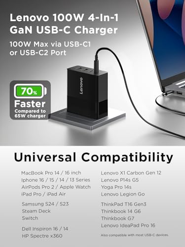Lenovo 100W USB C Charger, 4-Port Multi-Device Fast Charging, Black GaN Power Block with 240W Cable, for Thinkpad, MacBook, Dell XPS, iPhone, Samsung - size: 4 Port - 100 W