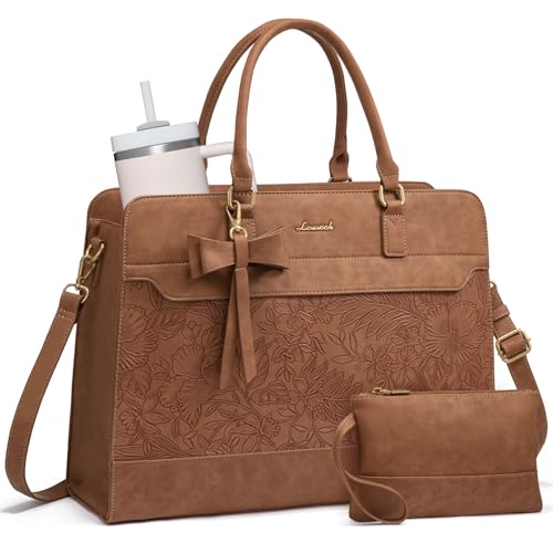 LOVEVOOK Laptop Tote Bag for Women,Leather Work Bag, Waterproof Business Teacher Bag,Large Computer Handbag Purse Briefcase,Office Gifts for Women - color: Embossed Brown, size: 17.3 Inch