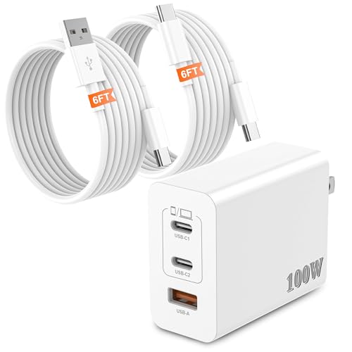 Super Fast Charger Type C 100W USB C Charger with C-C & A-C Cables | GaN 3-Port USB Charger Block for Travel & Business; Smart E-Marker Safety Chip, Fits MacBook, iPhone, Samsung & Steam Deck - color: White