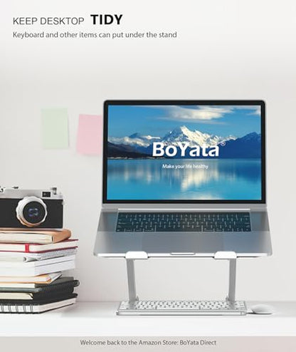 BoYata Laptop Stand, Adjustable Multi-Angle Riser, Up to 17 Inches, Silver | Sturdy Alloy Steel, Heat-Vent Design and Silicone Pads Support Laptops up to 17 Inches, Including MacBook and Surface - color: Silver