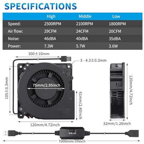 Wathai 120mm x 32mm USB Brushless Centrifugal Blower Fan 5V Speed Control | 1232 1200mm usb Blower with Speed Control for Receiver DVR Xbox Modem AV Cabinet Efficient Cooling - size: 120mm