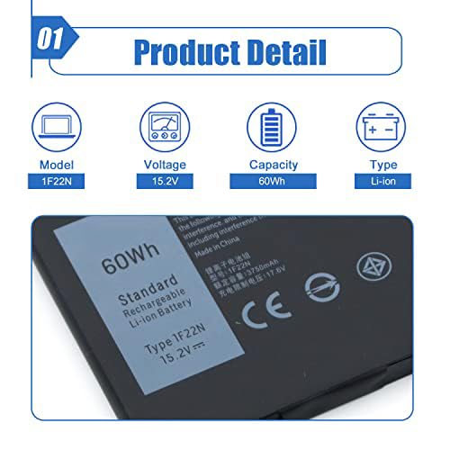 1F22N Laptop Battery Compatible with Dell Alienware M15 M17 P79F P79F001 R1 P37E P37E001 Dell G7 7590 7790 G5 5590 5590-D2783W D2743B D2843W Series 0HYWXJ HYWXJ 0JJPFK JJPFK 01F22N 06YV0V 15.2V 60Wh - size: 8.77*2.89*0.35 inch 1F22N