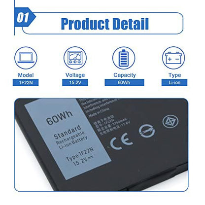 1F22N Laptop Battery Compatible with Dell Alienware M15 M17 P79F P79F001 R1 P37E P37E001 Dell G7 7590 7790 G5 5590 5590-D2783W D2743B D2843W Series 0HYWXJ HYWXJ 0JJPFK JJPFK 01F22N 06YV0V 15.2V 60Wh - size: 8.77*2.89*0.35 inch 1F22N