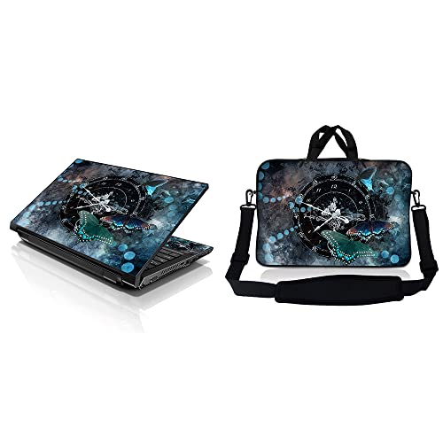 Laptop Sleeve 15" Compatible with Dell, Asus, Acer, Handle & Adjustable Shoulder Strap & Matching Skin Sticker Compatible with 15" 15.4" 15.6" - Clock Butterfly Time - color: Clock Butterfly Time, size: 15 inch