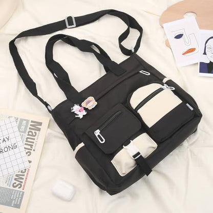 Phaoullzon Cute Messenger Bag Kawaii Crossbody Purse for Teen Shoulder Tote | Gifts for Girls/ Women, Nylon Japanese College Satchel Travel Work Gym Handbag - color: Black, style: Medium