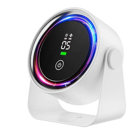 Small Desk Fan 5000mAh Rechargeable Battery Powered -Retro Low Noise Quiet Portable with LED Night Light Office Bedroom Table Top Wall Hanging Kitchen Camping Dorm 5-Speed 360° Rotation - color: White