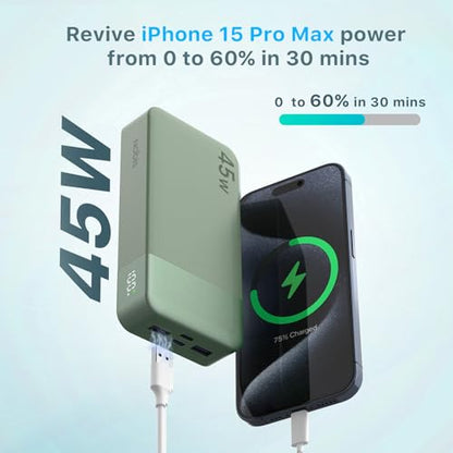 NOBIS Portable Charger 45W 20000mAh Power Bank Fast Charging | 2C+2A Battery Pack with C to C Cable, Battery Bank with Digital Display for iPhone Android Laptop etc - color: Green