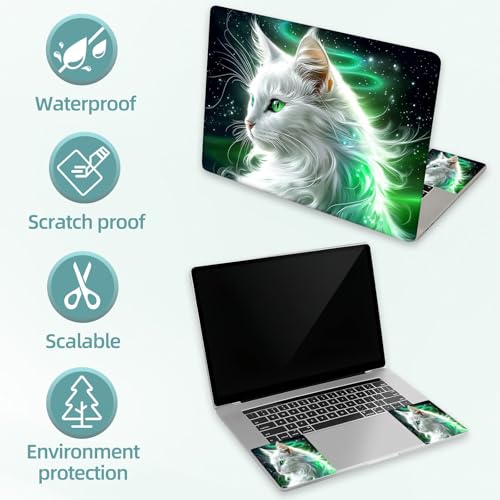Universal Laptop Skin Decal, 3-Piece Vinyl Protector for 12 13 14 15.6" Notebook, Waterproof Anti-Scratch, Easy Trim & Bubble-Free Finish, Cat with Green Eyes - color: Cat with Green Eyes