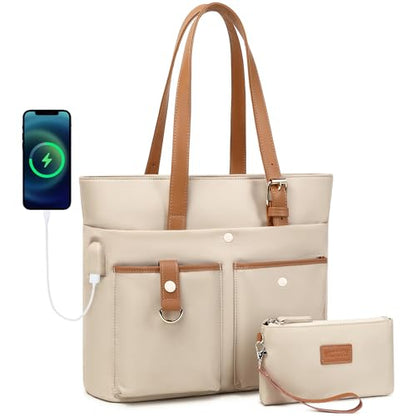 Laptop Bag for Women 15.6 Inch Work Tote Briefcase with USB Nylon Shoulder Handbag for Office Travel Business - color: Khaki