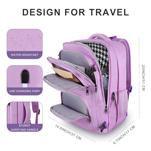 Large Travel Backpack, Laptop Backpack for women, Expandable 52L Carry On Backpack, TSA Water Resistant Weekender 18.4 Inch Laptop Backpack, Anti Theft Business Computer Bag with Port, Purple - color: Purple