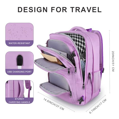 Large Travel Backpack, Laptop Backpack for women, Expandable 52L Carry On Backpack, TSA Water Resistant Weekender 18.4 Inch Laptop Backpack, Anti Theft Business Computer Bag with Port, Purple - color: Purple