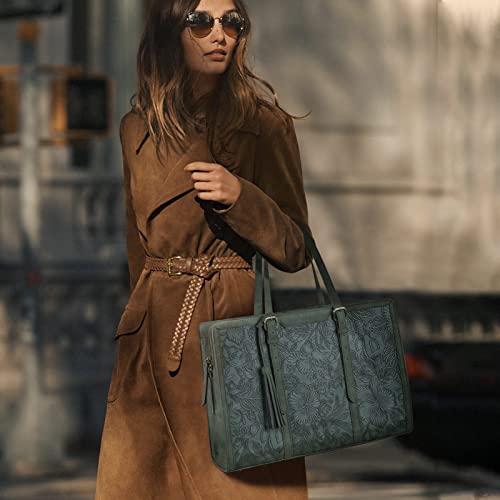 ECOSUSI Laptop Bag For Women 15.6 Inch Work Tote Bags PU Leather Computer Purse For Business Office With 3 Layer Compartments - color: Dark Green