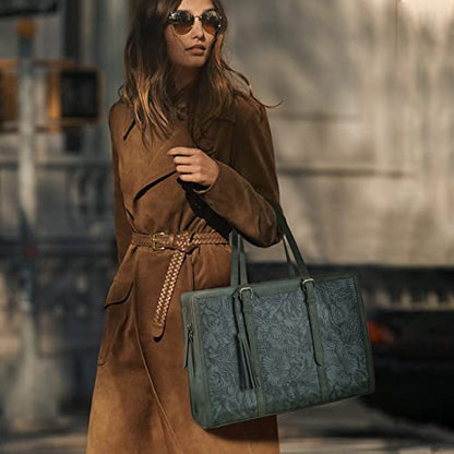 ECOSUSI Laptop Bag For Women 15.6 Inch Work Tote Bags PU Leather Computer Purse For Business Office With 3 Layer Compartments - color: Dark Green