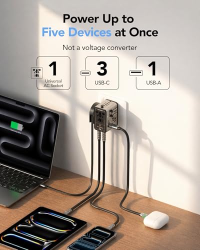 MFish 75W Universal Travel Adapter, 5-Port International Power Adapter with Retractable USB-C Cable, 3 USB-C & 1 USB-A + AC Outlet, Worldwide Wall Charger for MacBook, iPhone, iPad, EU/UK/US/AUS, Grey - color: Grey
