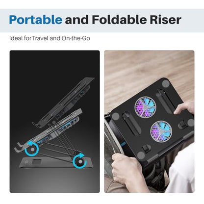 YICOSUN Adjustable Laptop Cooling Stand with 2 Quiet Fans & RGB Lighting, Aluminum Alloy & Foldable Ergonomic Design for MacBook, Lenovo, ASUS, Dell 10-16 Inch, Perfect for Gaming, DJ, Office - Black - color: Black