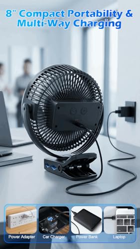 Meudeen 10000mAh Battery Operated Clip on Fan - 8 Inch Portable Timer Fan for Golf Cart - Table - 5 Speeds High-Velocity Airflow - LED Lantern - with Beach - Bedroom - Desk Fan - color: Matte Black