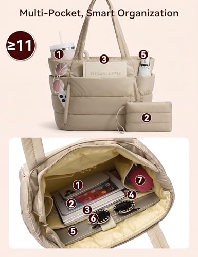 Puffer Tote Bag for Women, Nurse, Large Quilted Shoulder Bag with Cup Holder & Laptop Compartment for Work, Travel, Gym - color: Camel