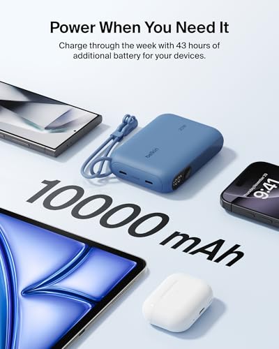 Belkin Portable Charger, Slim USB-C Power Bank 10,000mAh w/ 2 USB-C Ports, Digital Battery Display, 20W Charging Battery Pack - iPhone 17, Air, Pro, Samsung Galaxy S25, Pixel 10, iPad, & More - Blue - color: Blue, style: 10K mAh