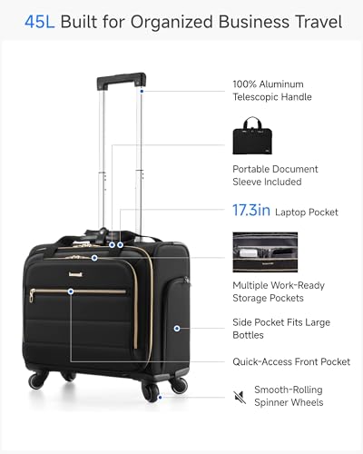 LUGGEX Rolling Laptop Bag with Wheels, 17.3" Soft Sided Laptop Rolling Briefcase with 4 Spinner Wheels - Lightweight Carry On for Business Travel Overnight (UX-Core, Black, 18 Inch)