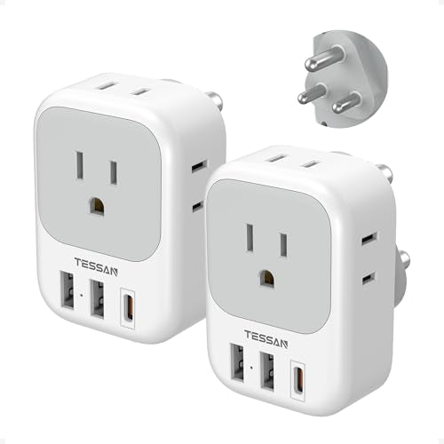 TESSAN Type M Adapter for South Africa, PD 20W 2 Pack | 4 AC Outlets, 3 USB Ports (1 USB C), US to South Africa Botswana Namibia Nepal Bhutan - color: White grey-Type M
